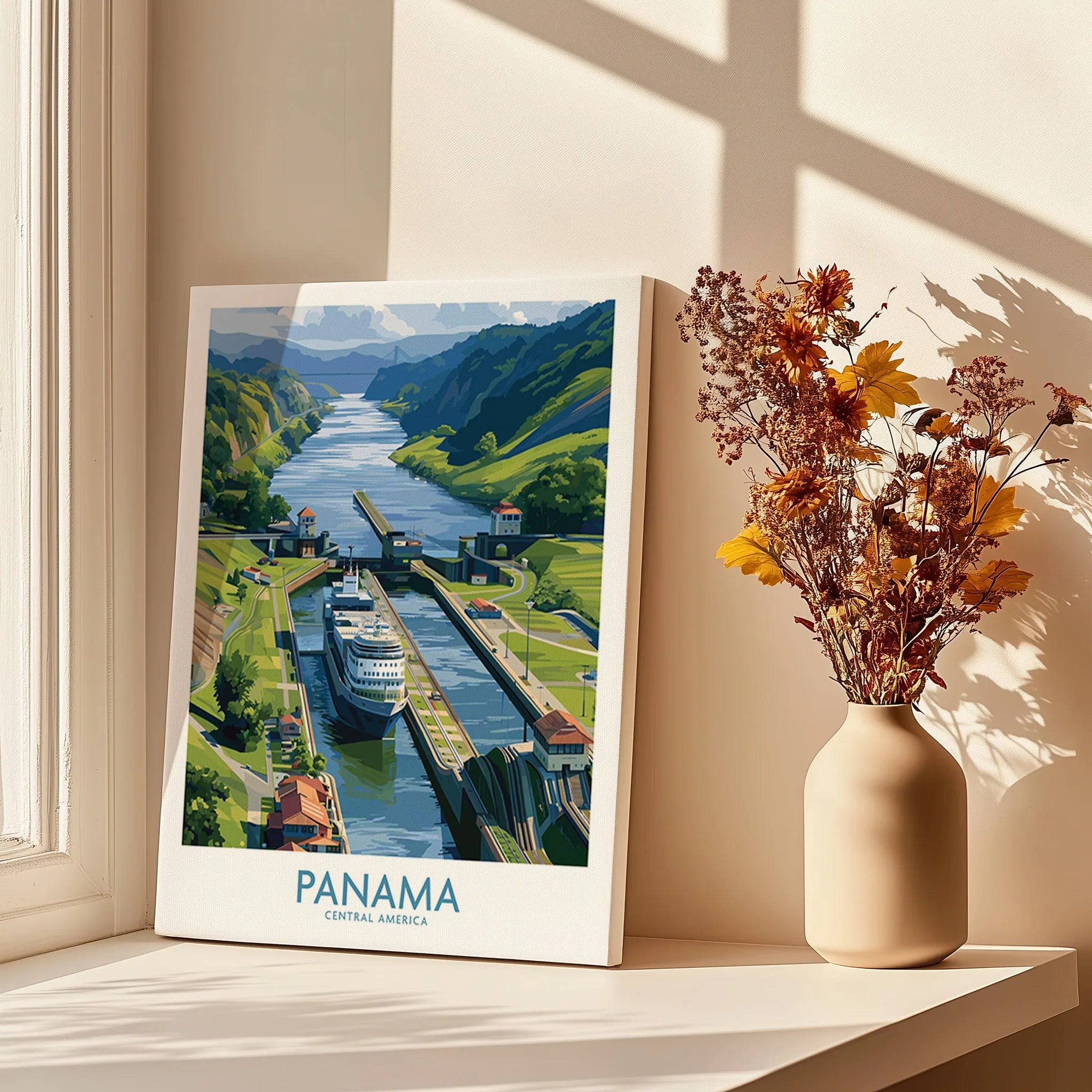 Panama Canal travel poster with cruise ship, lush green hills, and vibrant cityscape for home decor