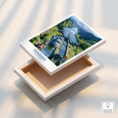 Panama travel poster canvas art featuring canal, lush green hills, and cityscape for home decor