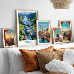 Framed travel posters of Paris, Panama, Copenhagen, Tokyo, and Barcelona for wall art decor