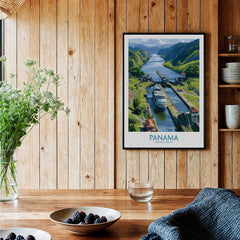 Panama travel poster featuring canal, cruise ship, and lush green hills, perfect for home decor wall art