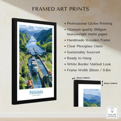 Framed Panama travel poster with canal scene, handmade wooden frame, white mat, and plexiglass glaze