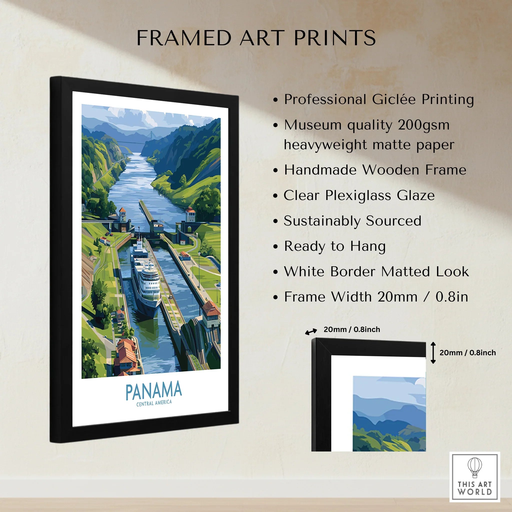 Framed Panama travel poster with canal scene, handmade wooden frame, white mat, and plexiglass glaze