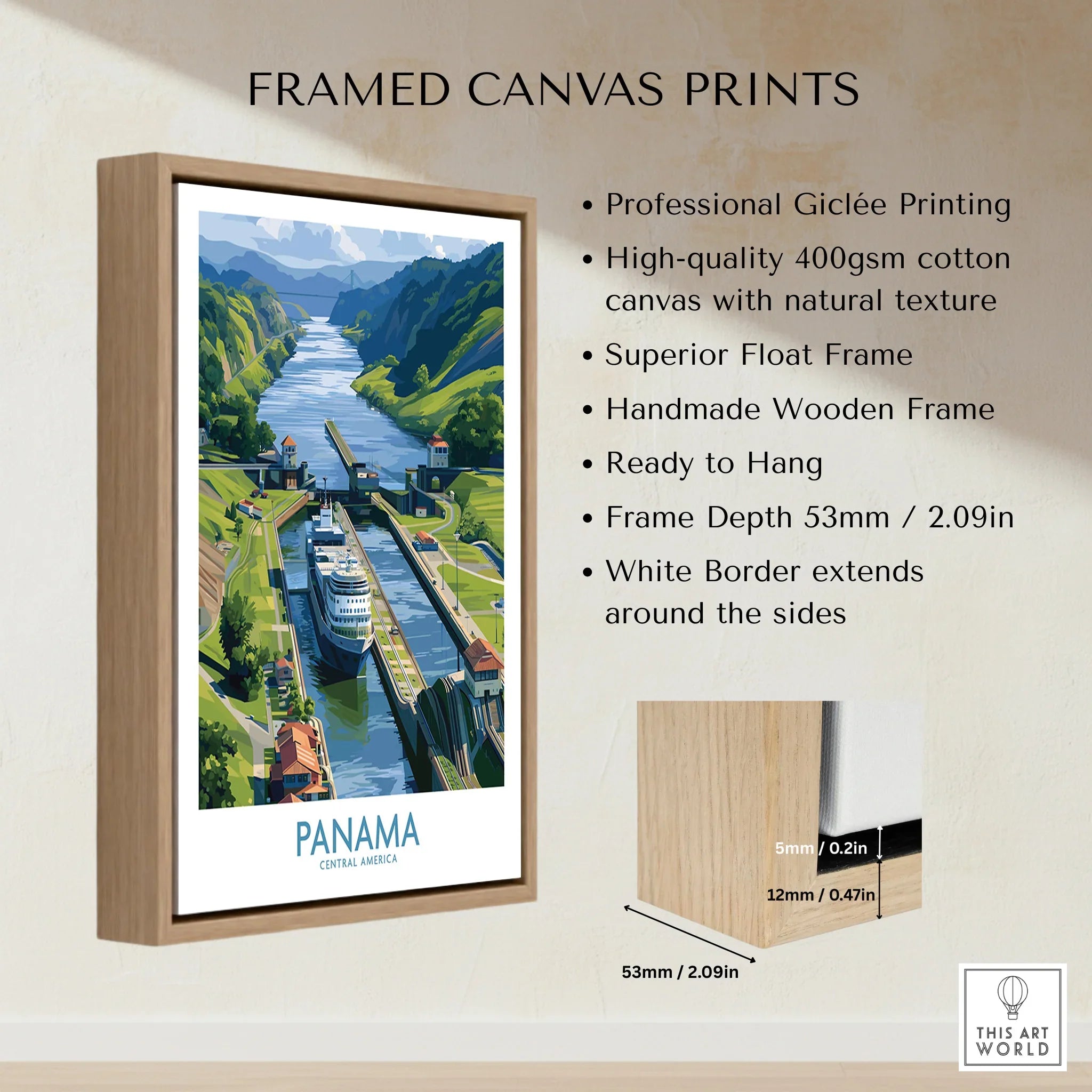 Panama travel poster featuring canal, lush green hills, and cruise ship, framed canvas print for home decor
