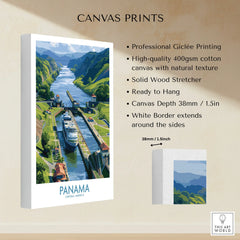 Panama Canal travel poster canvas print, vibrant Central America wall art with ship, mountains, and green hills, ready to hang