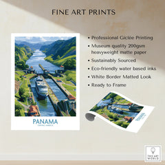 Panama Canal travel poster with cruise ship, lush green hills, and white border matted look