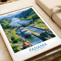 Panama Central America travel poster featuring canal, ship, and lush green hills for home decor