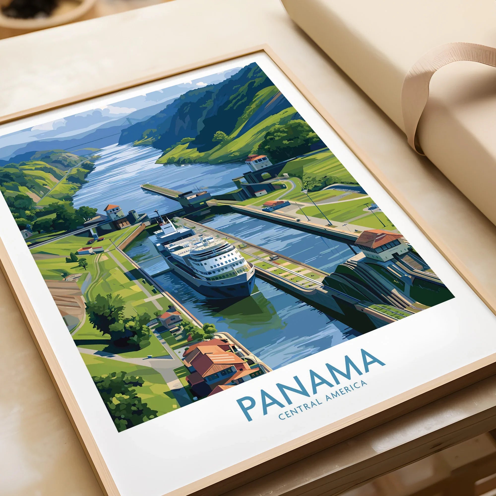 Panama Central America travel poster featuring canal, ship, and lush green hills for home decor
