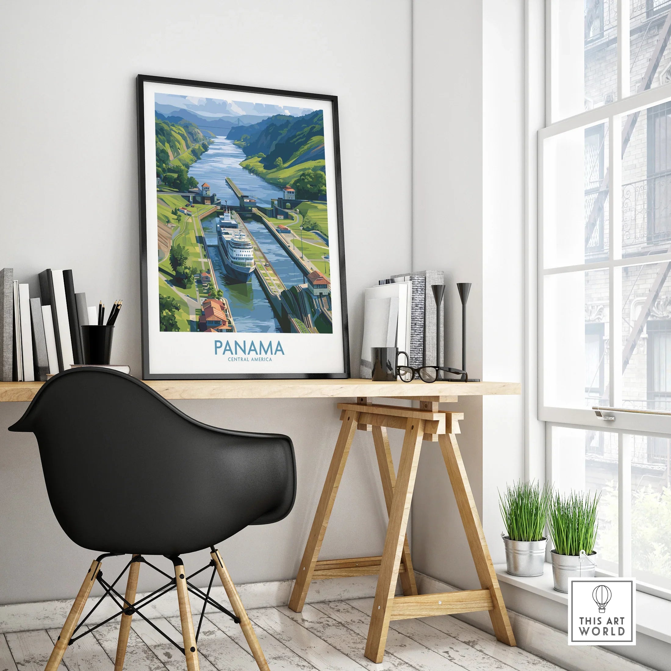 Panama travel poster featuring canal & cruise ship, ideal wall art for home or office decor