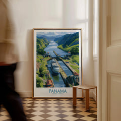 Panama Canal travel poster with cruise ship, lush green hills, and vibrant waterway art for home decor