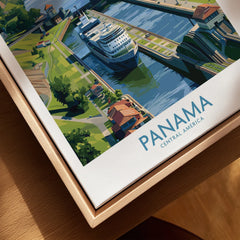 Panama Central America travel poster featuring a cruise ship in a canal, vibrant greenery, and scenic architecture.