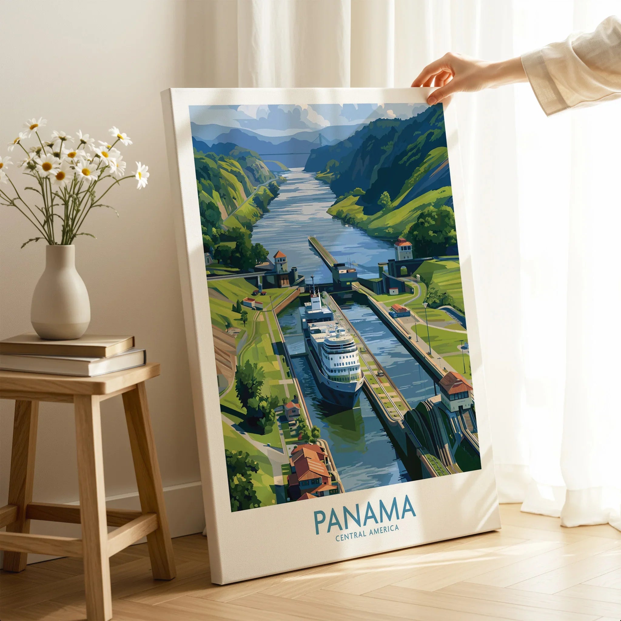 Panama Canal travel poster with cruise ship, lush green hills, and vibrant Central America scenery for home decor