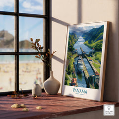 Panama Canal travel poster with lush green hills and a ship, perfect for home decor