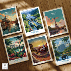 Travel posters featuring Venice, Paris, Panama, Singapore, Barcelona, and Sri Lanka for home decor