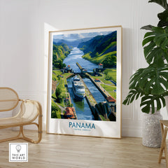 Panama Canal travel poster with cruise ship, lush green hills, and vibrant Central America scenery
