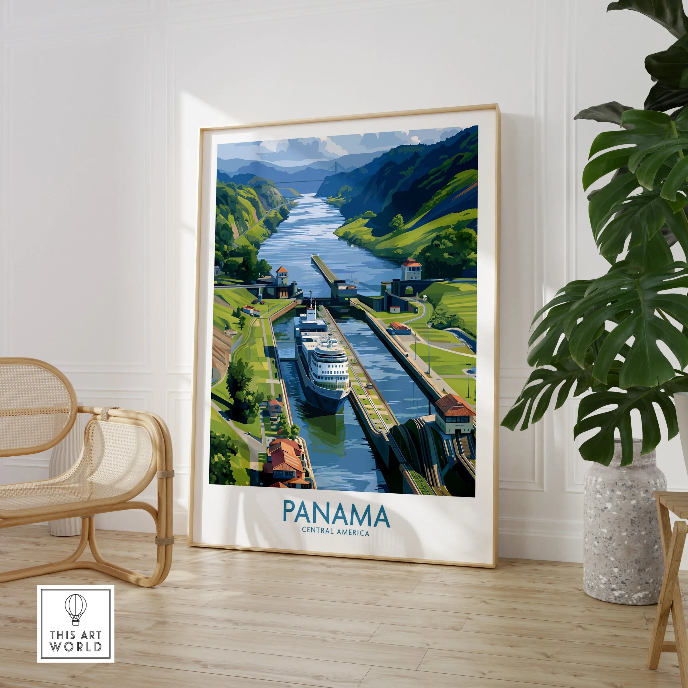 Panama Canal travel poster with cruise ship, lush green hills, and vibrant Central America scenery