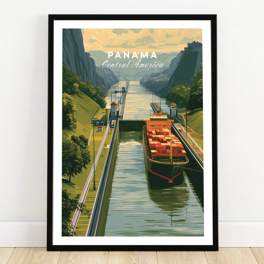 Panama Canal travel poster with cargo ship, lush green hills, and Central America skyline art