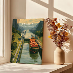 Panama Central America travel poster featuring canal & cargo ship, ideal wall art for home decor