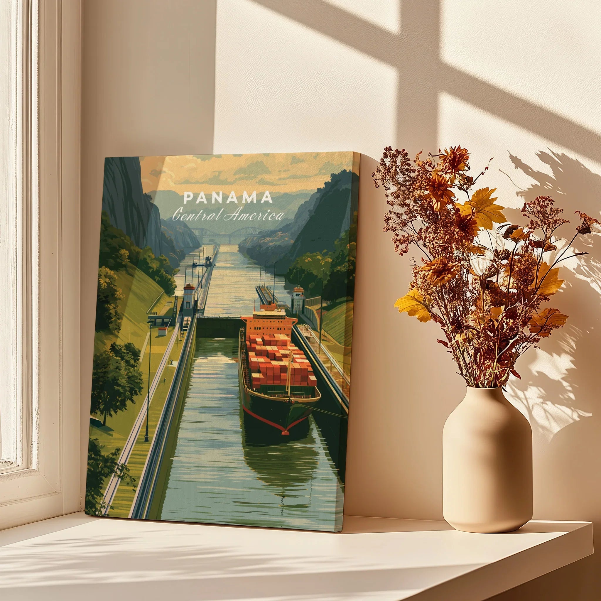 Panama Central America travel poster featuring canal & cargo ship, ideal wall art for home decor