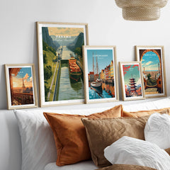 Travel posters of Paris, Panama, Copenhagen, Tokyo, and Barcelona for home decor wall art