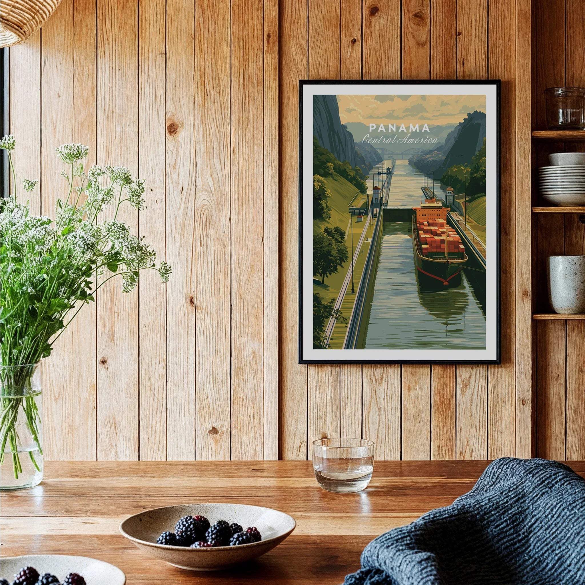 Panama Central America travel poster featuring canal and cargo ship, perfect for home decor