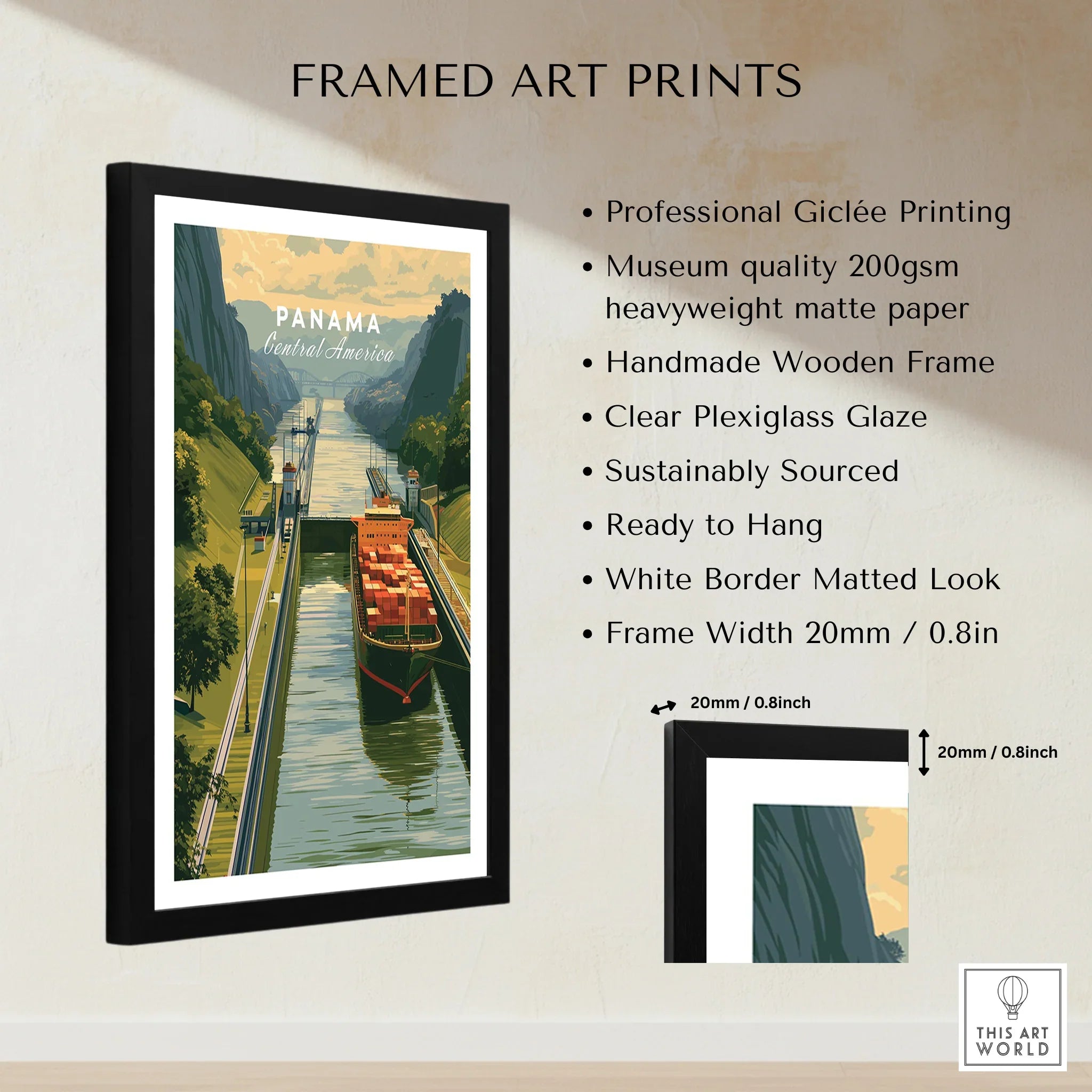 Framed Panama travel poster with canal scene, handmade wooden frame, museum-quality print
