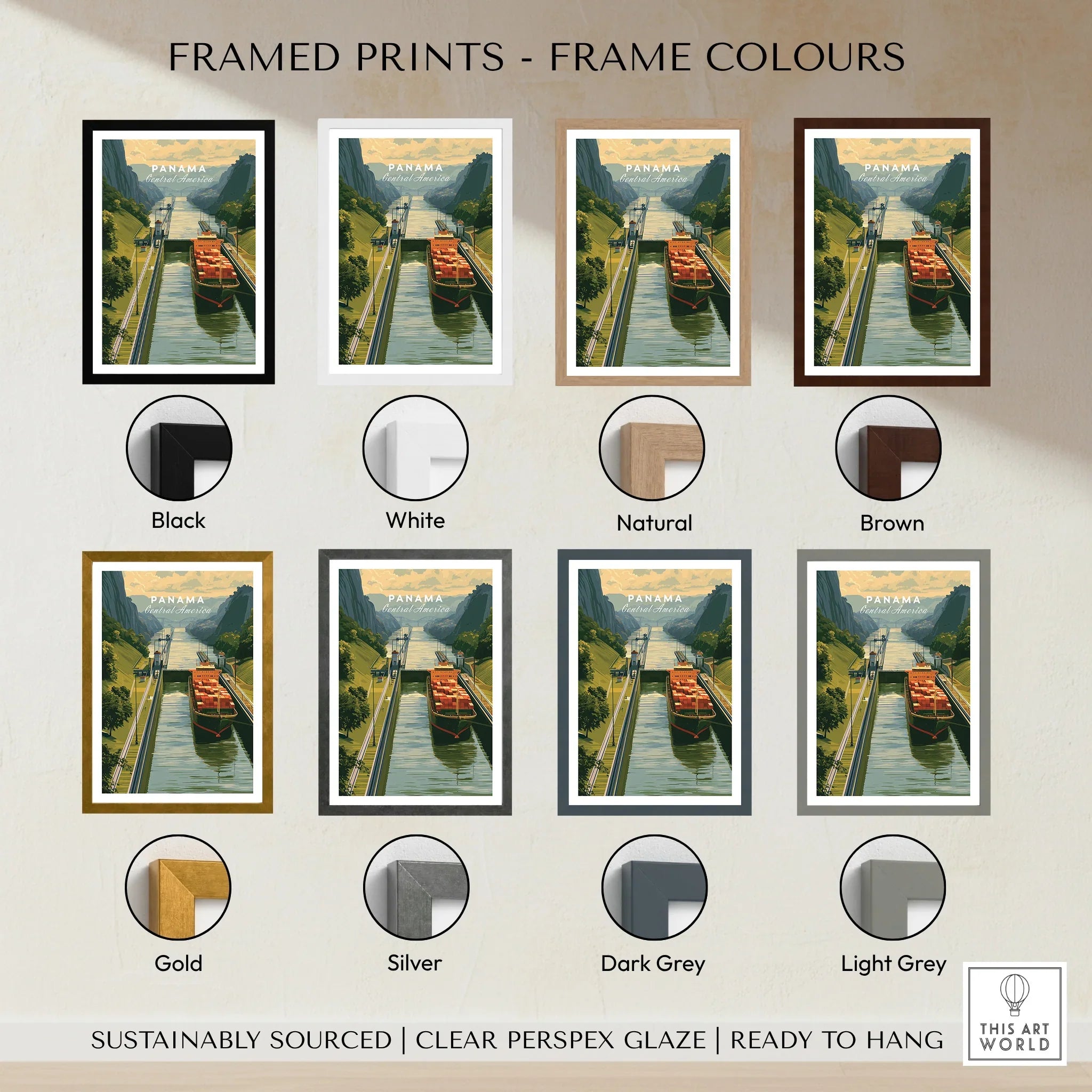 Panama Canal travel poster in eight frame colors: black, white, natural, brown, gold, silver, dark grey, light grey
