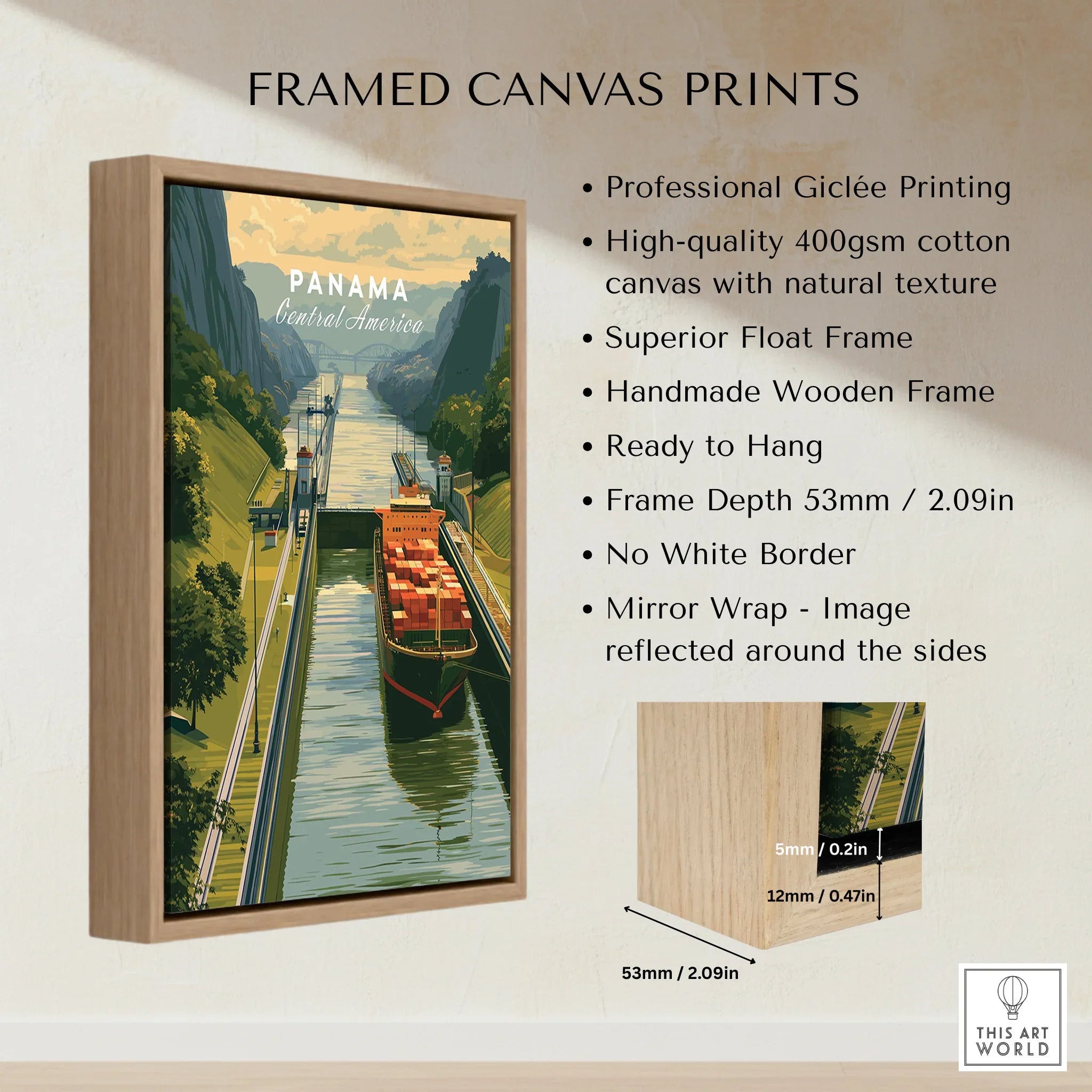 Panama travel poster print in wooden frame, featuring canal and cargo ship, ideal for home wall art decor