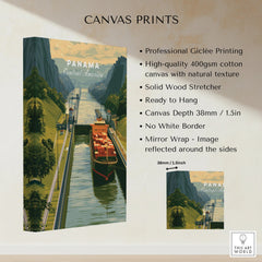 Panama travel poster canvas print featuring canal, cargo ship, and lush greenery for home wall art decor