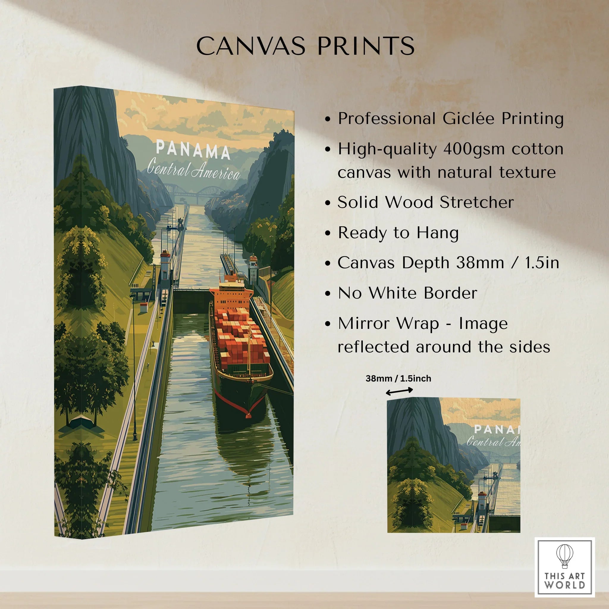 Panama travel poster canvas print featuring canal, cargo ship, and lush greenery for home wall art decor
