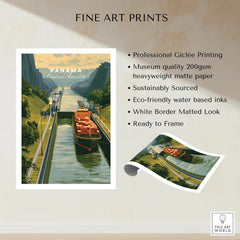 Panama Canal travel poster with cargo ship, lush greenery, and vintage art style for home decor