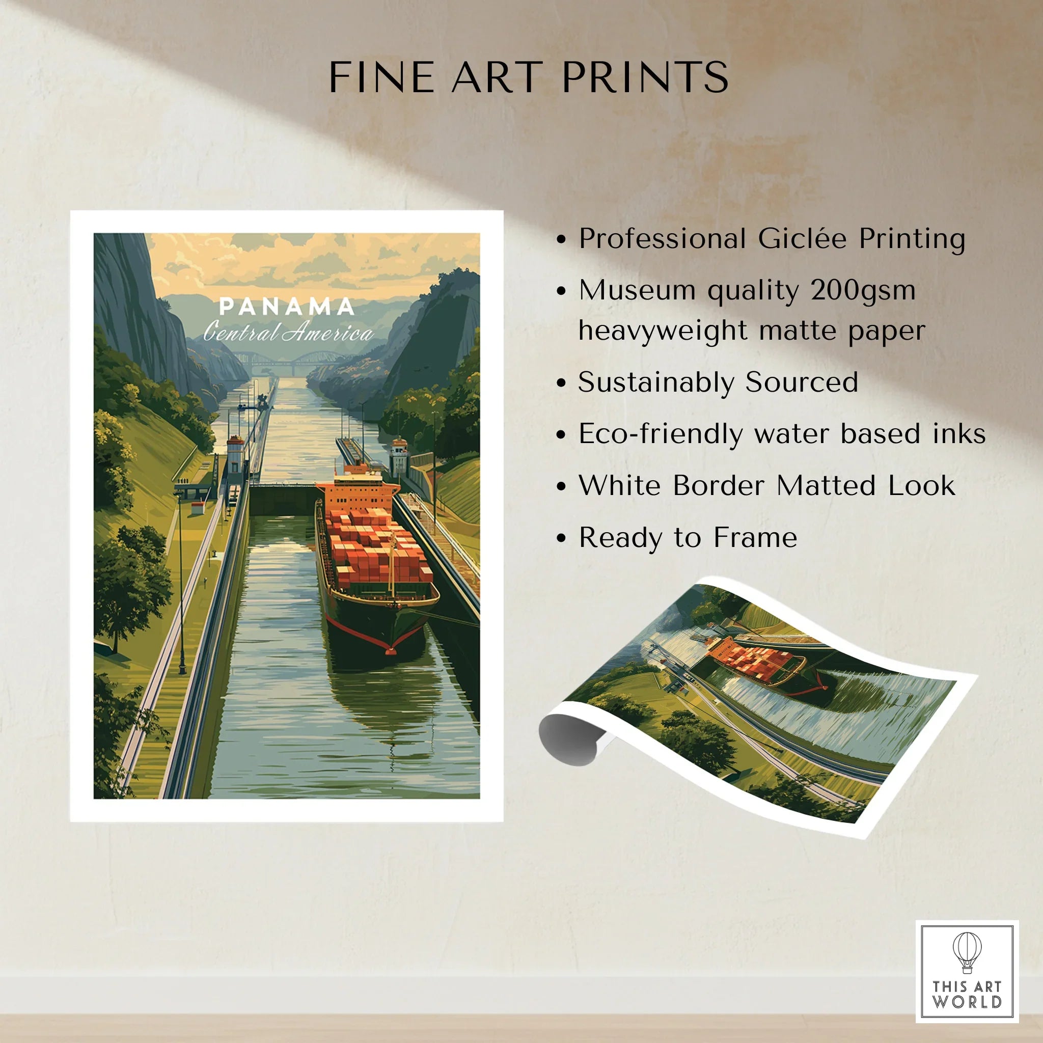 Panama Canal travel poster with cargo ship, lush greenery, and vintage art style for home decor