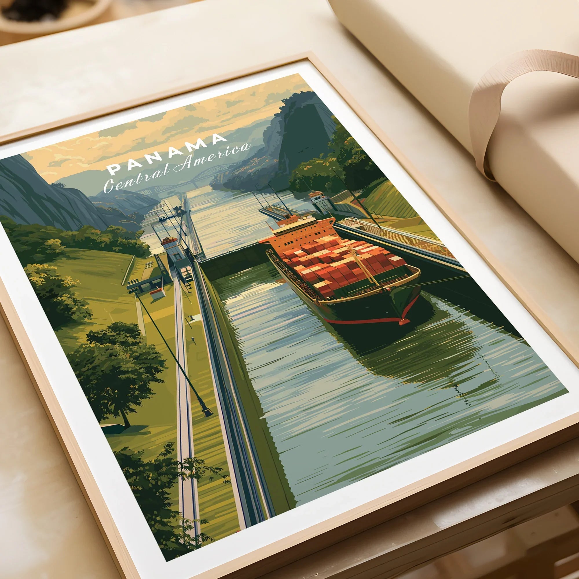 Panama Central America travel poster featuring cargo ship in canal, lush greenery, and scenic mountains.