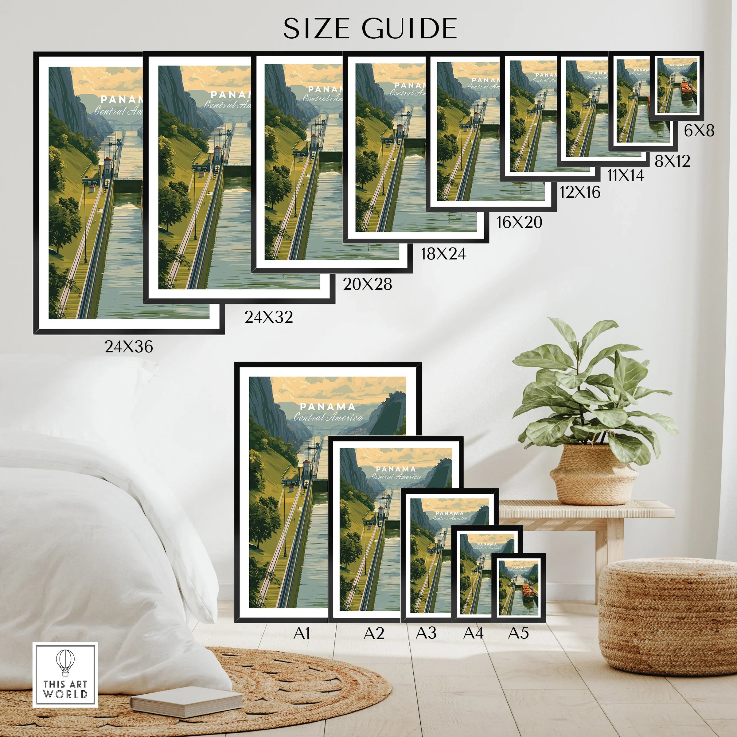 Panama Canal travel poster size guide for wall art, available in multiple dimensions for home decor
