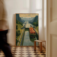 Panama Central America travel poster featuring canal and cargo ship, ideal for home decor