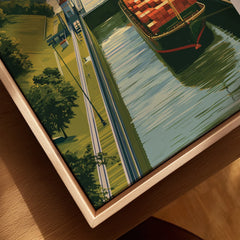 Framed travel poster of cargo ship on canal, green landscape, ideal wall art for home decor