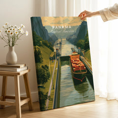 Panama Central America travel poster featuring canal, cargo ship, and lush greenery for home decor
