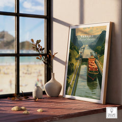 Panama Central America travel poster featuring canal and cargo ship, perfect for home decor