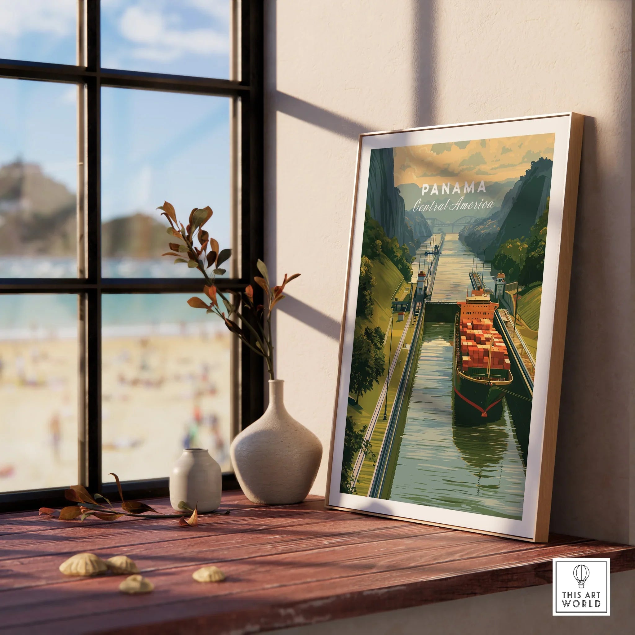 Panama Central America travel poster featuring canal and cargo ship, perfect for home decor