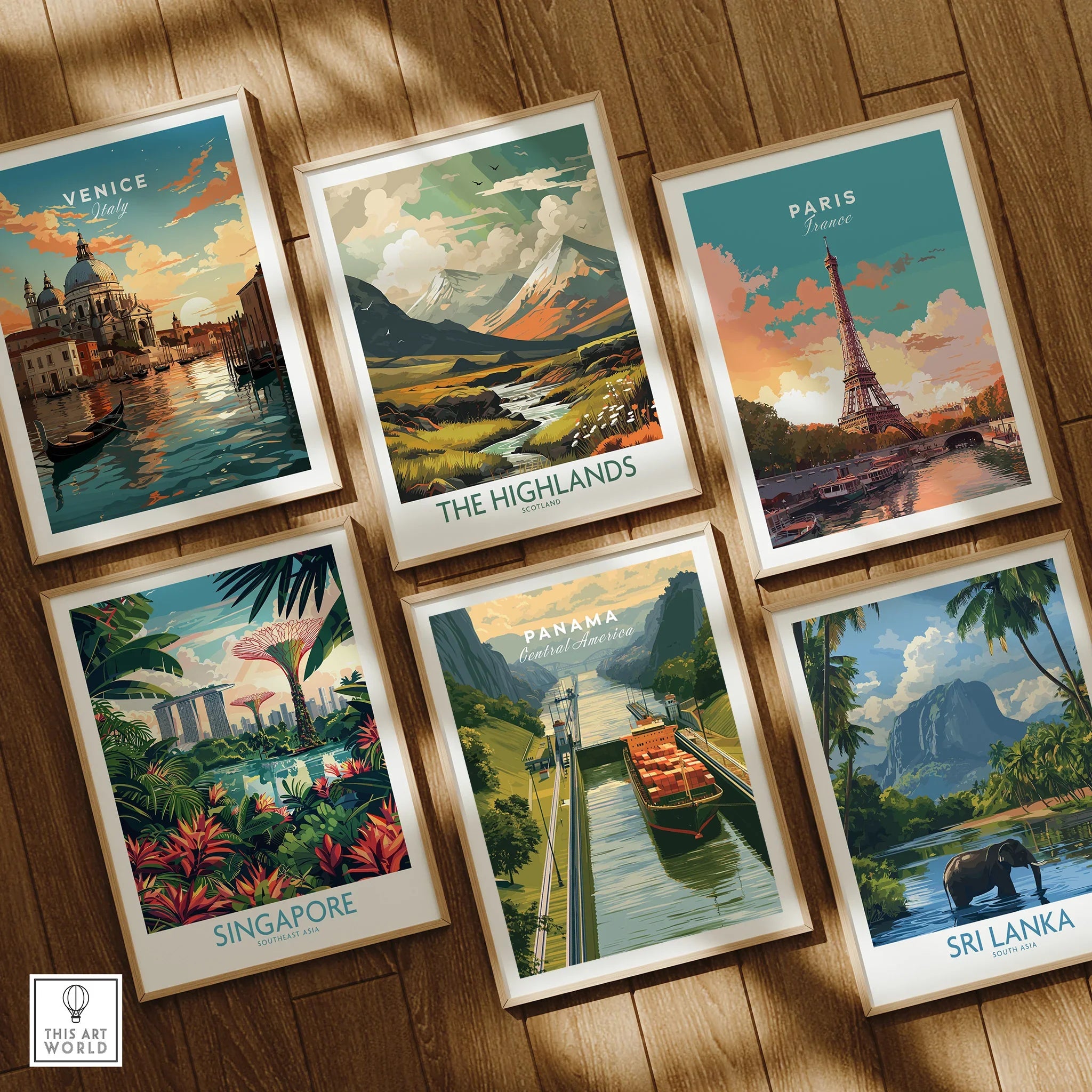 Travel posters featuring Venice, Paris, Singapore, Panama, Sri Lanka, and The Highlands for home decor.