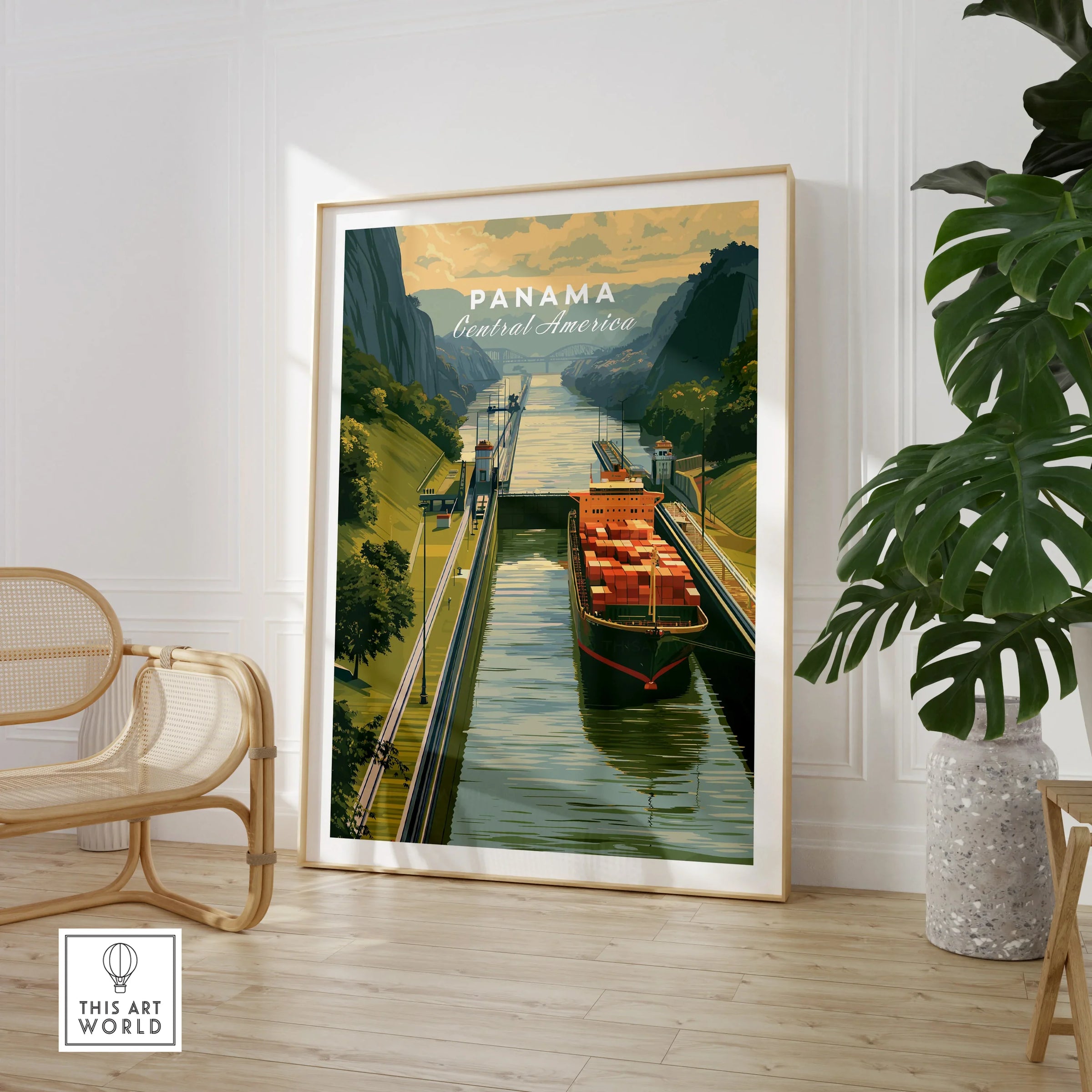 Panama Canal travel poster with cargo ship, lush greenery, and Central America skyline art