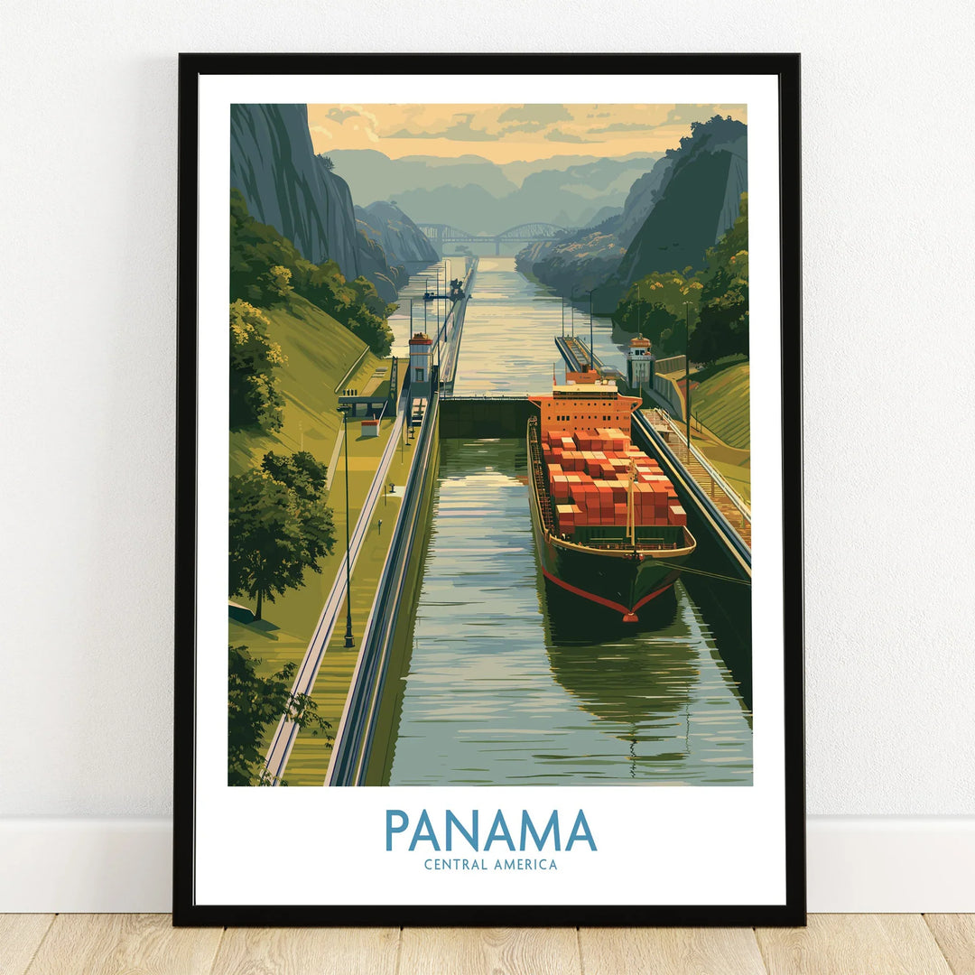 Panama Canal travel poster with cargo ship, lush green hills, and scenic waterway for home decor