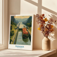 Panama Canal travel poster with cargo ship, ideal for home decor and wall art