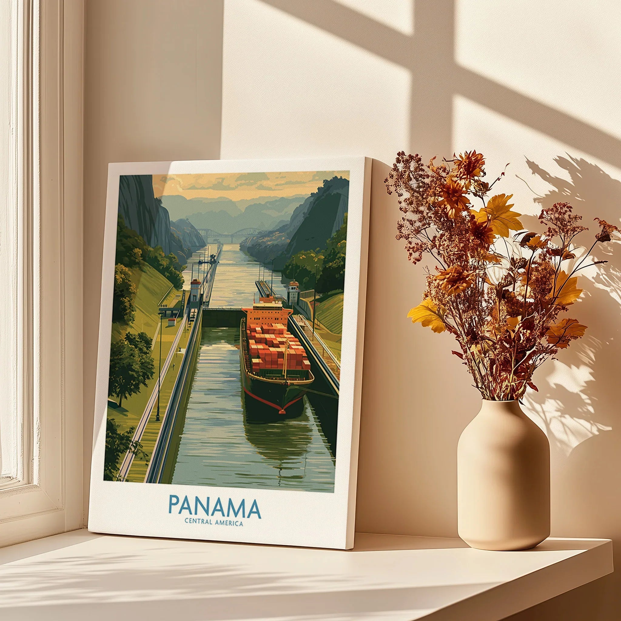 Panama Canal travel poster with cargo ship, ideal for home decor and wall art
