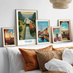 Travel posters of Paris, Panama, Copenhagen, Tokyo, and Barcelona for home decor wall art