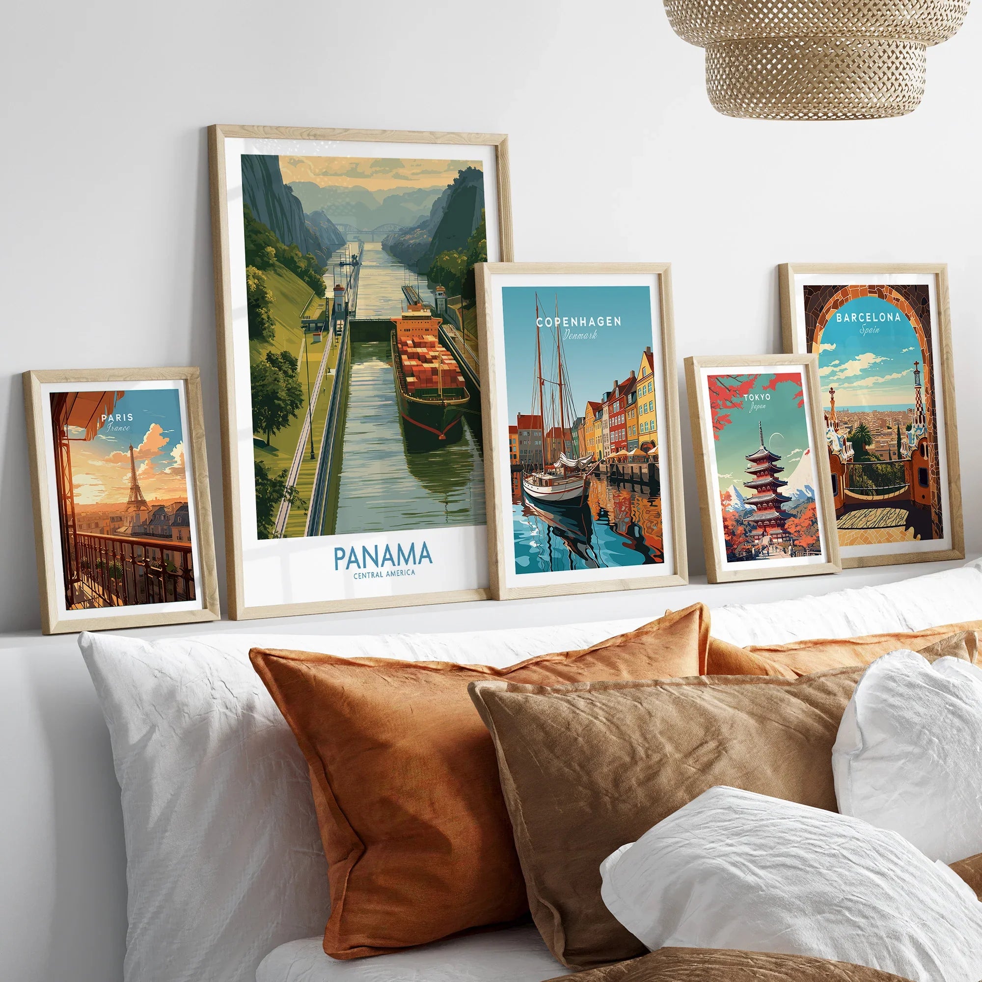 Travel posters of Paris, Panama, Copenhagen, Tokyo, and Barcelona for home decor wall art