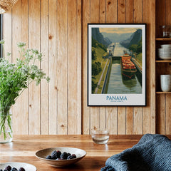 Panama travel poster featuring canal with cargo ship, lush green hills, and Central America scenery for wall art.