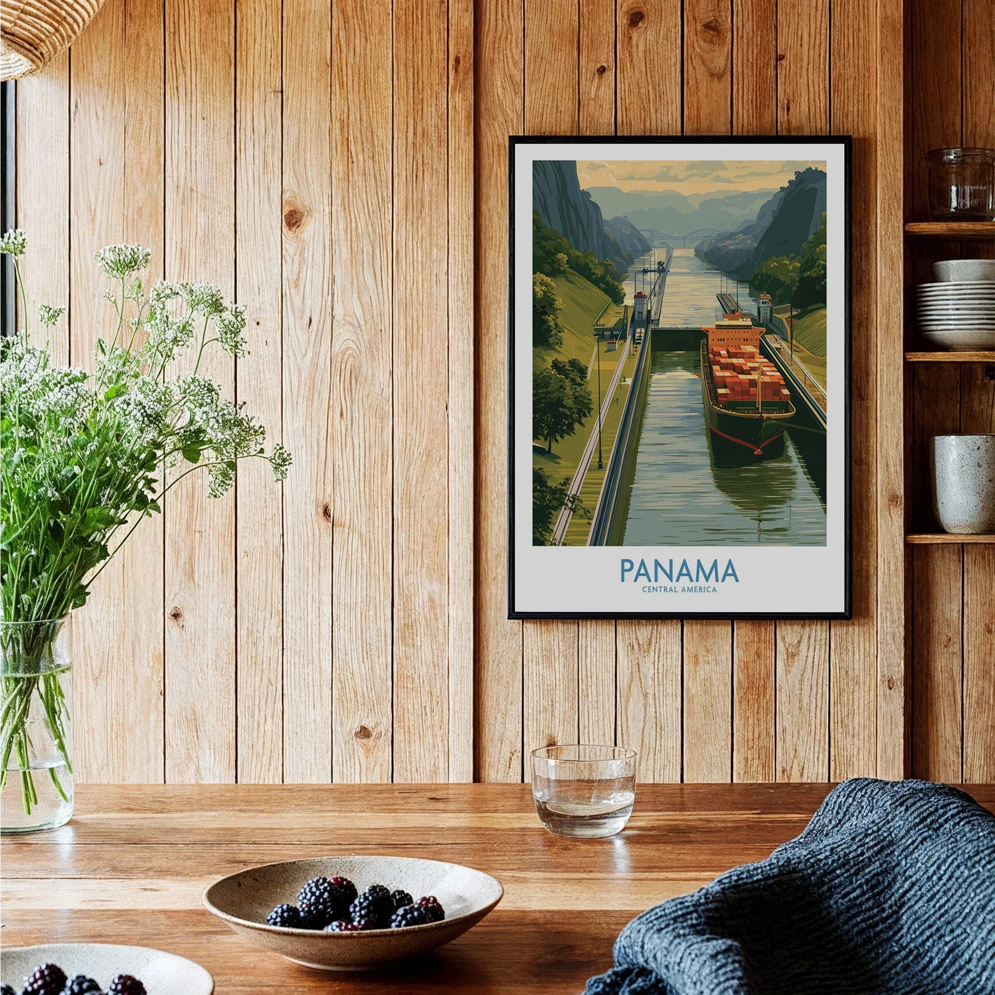 Panama travel poster featuring canal with cargo ship, lush green hills, and Central America scenery for wall art.