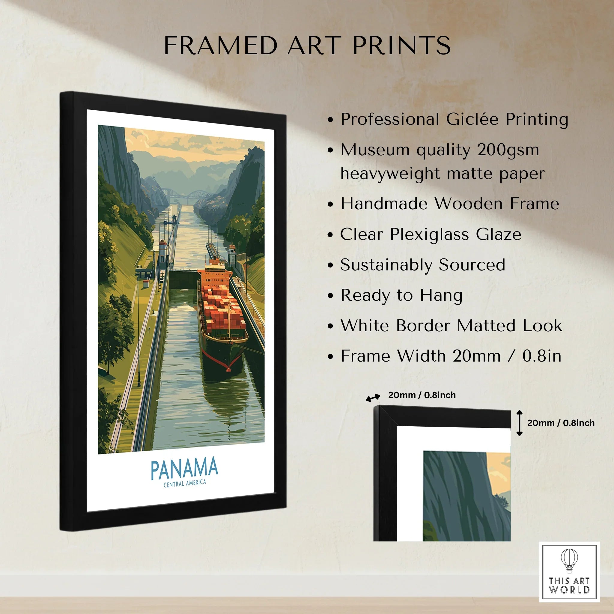 Panama Canal travel poster with cargo ship, framed art print for home decor