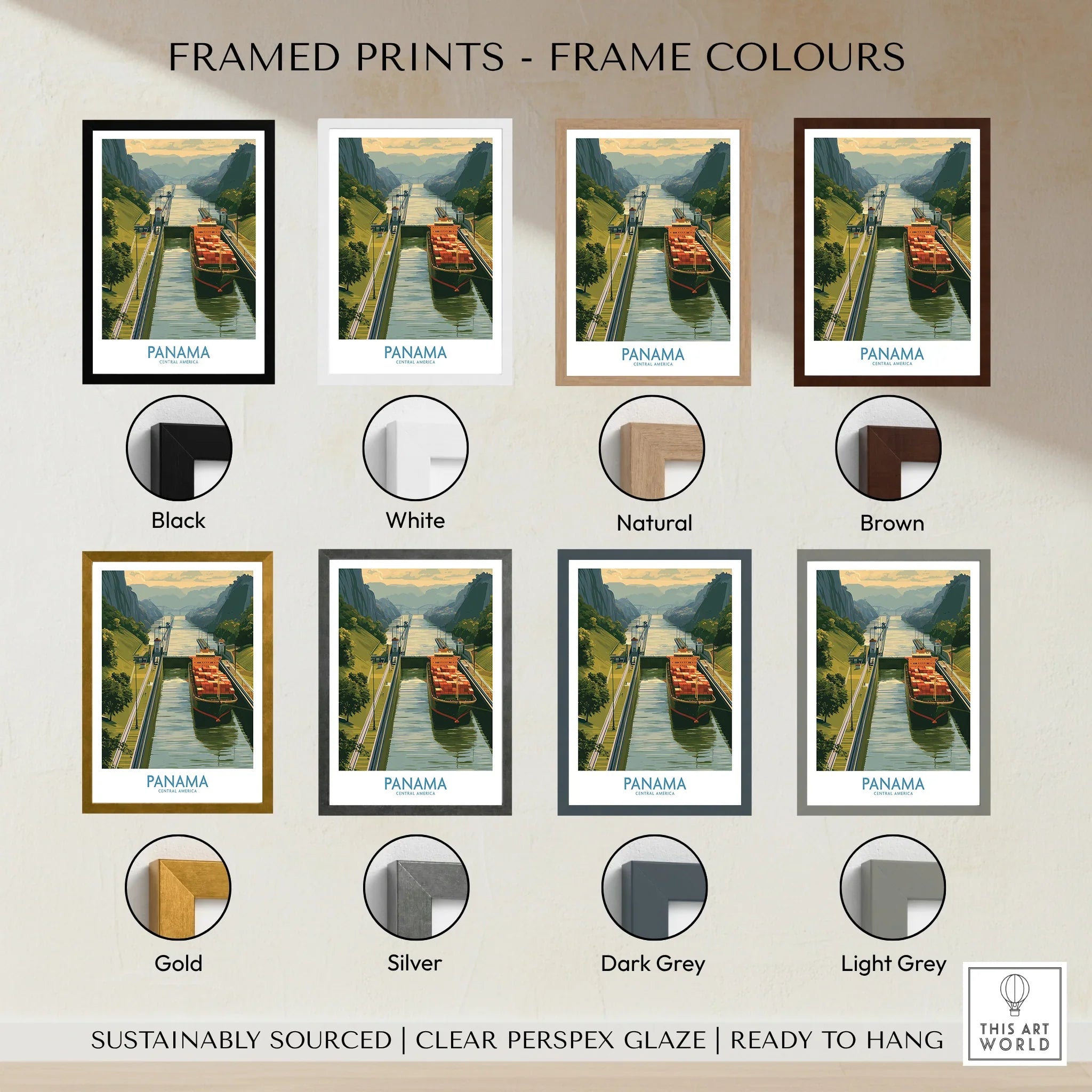 Panama Canal travel poster in eight frame colors: black, white, natural, brown, gold, silver, dark grey, light grey