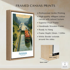 Framed Panama Canal travel poster with cargo ship, lush greenery, and wooden float frame for home decor